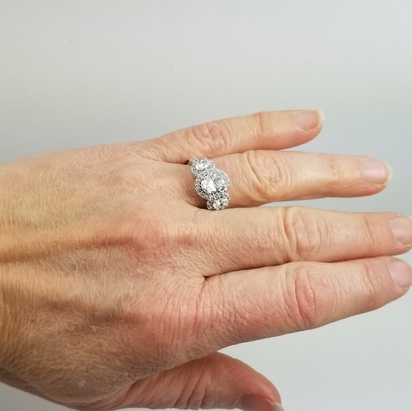 Platinum & Sterling Diamonique 3 Stone Oval Ring - Picture 6 of 8